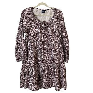 NWOT GAP light cotton tie-neck tiered L/S mini dress, burgundy / cream print, M